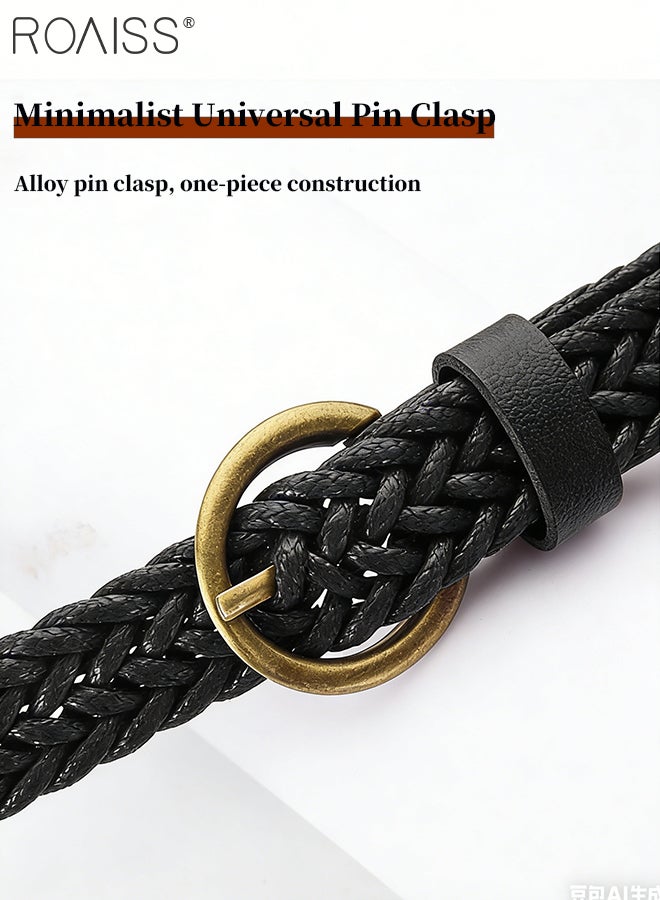roaiss 2 Pcs Black Woven Belts for Women, Stylish Waxed Rope Woven Thin Belts, and Vintage Leather Woven Belts Non-Perforated Belt Suitable for Dresses, Shirts, and Jeans, Ideal for Daily Wear - Image 4